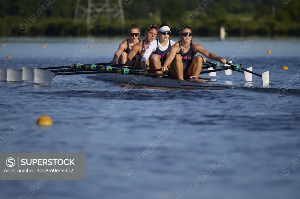 US W4X 2024 Olympic rowers, Lauren O'Connor, Teal Cohen, Emily Delleman, Grace Joyce, training at the US Women's Rowing facility in Princeton, NJ