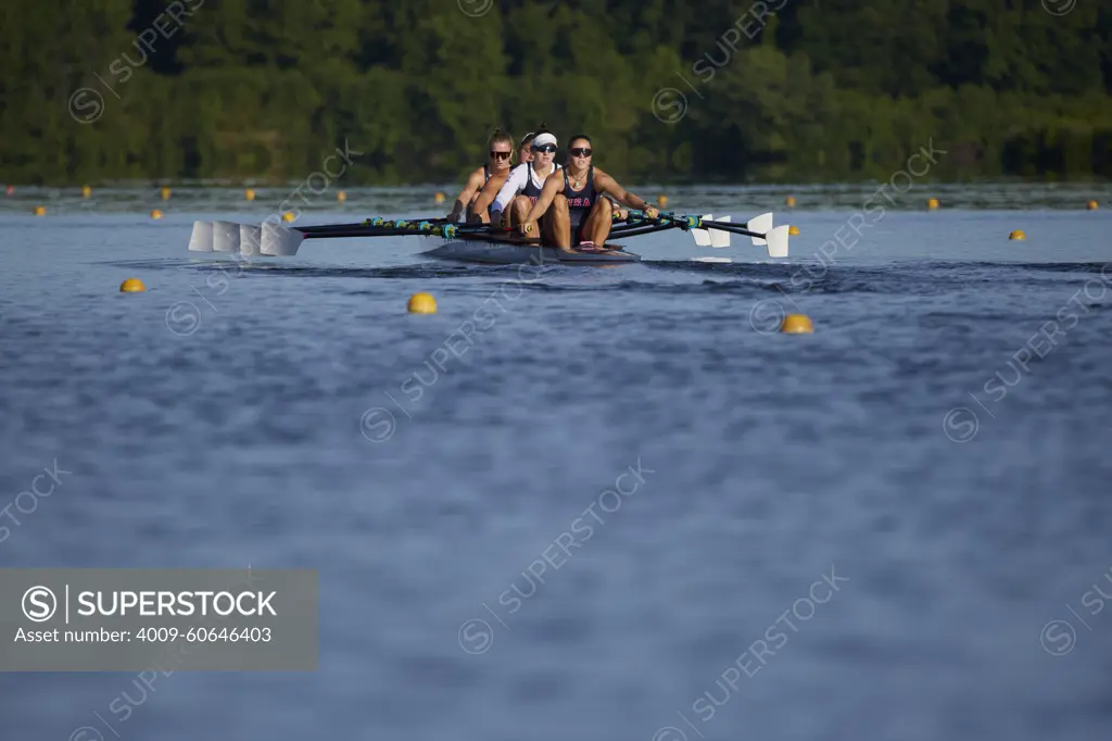 US W4X 2024 Olympic rowers, Lauren O'Connor, Teal Cohen, Emily Delleman, Grace Joyce, training at the US Women's Rowing facility in Princeton, NJ