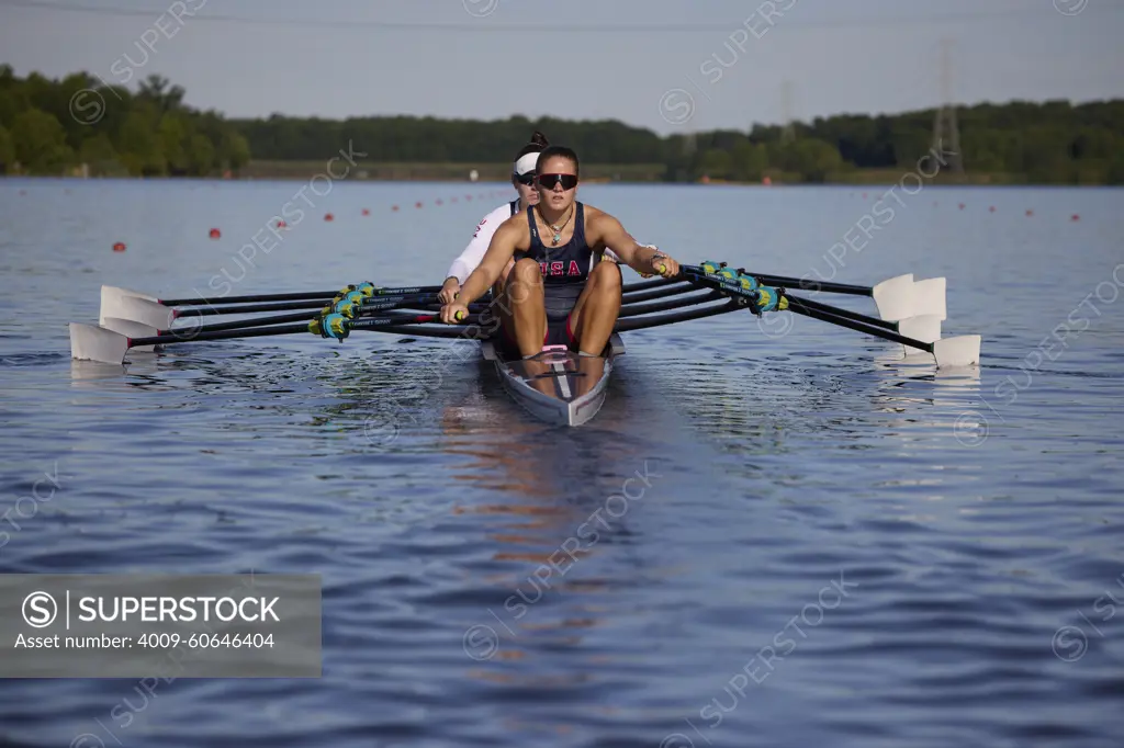 US W4X 2024 Olympic rowers, Lauren O'Connor, Teal Cohen, Emily Delleman, Grace Joyce, training at the US Women's Rowing facility in Princeton, NJ