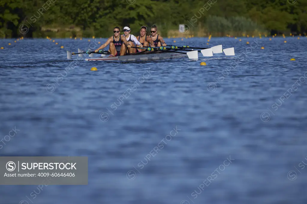 US W4X 2024 Olympic rowers, Lauren O'Connor, Teal Cohen, Emily Delleman, Grace Joyce, training at the US Women's Rowing facility in Princeton, NJ