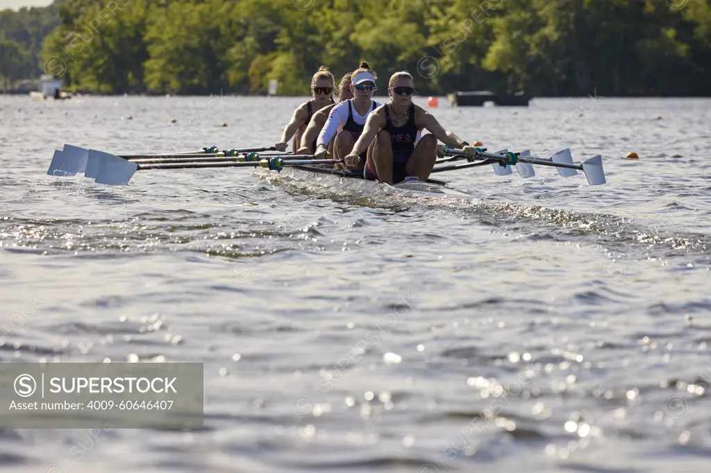 US W4X 2024 Olympic rowers, Lauren O'Connor, Teal Cohen, Emily Delleman, Grace Joyce, training at the US Women's Rowing facility in Princeton, NJ