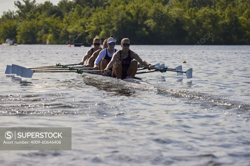 US W4X 2024 Olympic rowers, Lauren O'Connor, Teal Cohen, Emily Delleman, Grace Joyce, training at the US Women's Rowing facility in Princeton, NJ