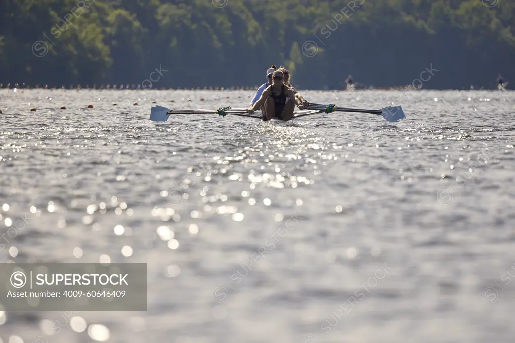 US W4X 2024 Olympic rowers, Lauren O'Connor, Teal Cohen, Emily Delleman, Grace Joyce, training at the US Women's Rowing facility in Princeton, NJ