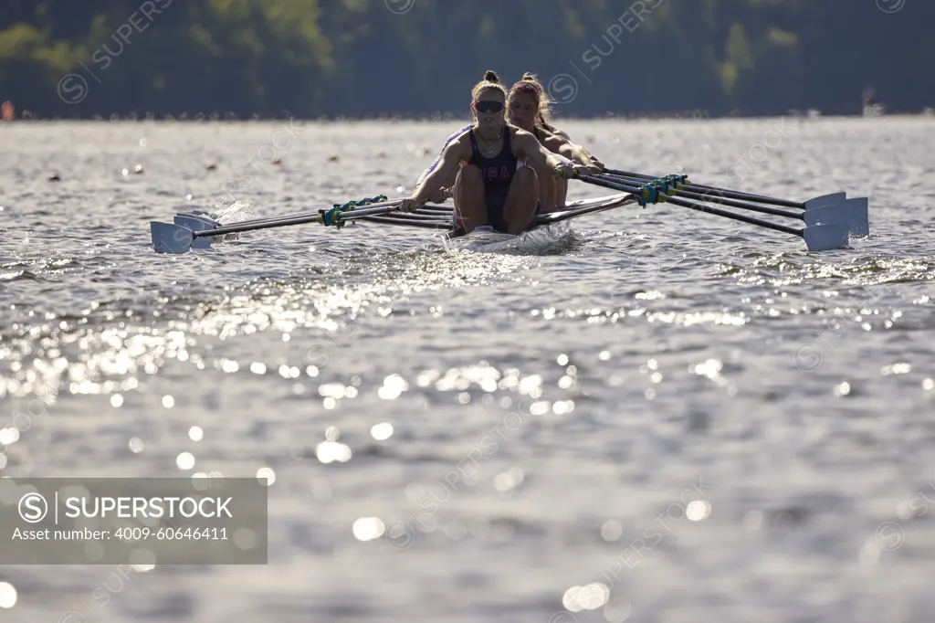 US W4X 2024 Olympic rowers, Lauren O'Connor, Teal Cohen, Emily Delleman, Grace Joyce, training at the US Women's Rowing facility in Princeton, NJ