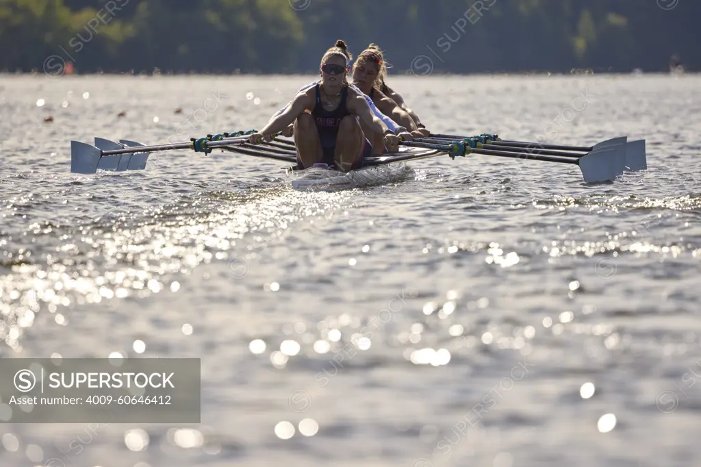 US W4X 2024 Olympic rowers, Lauren O'Connor, Teal Cohen, Emily Delleman, Grace Joyce, training at the US Women's Rowing facility in Princeton, NJ