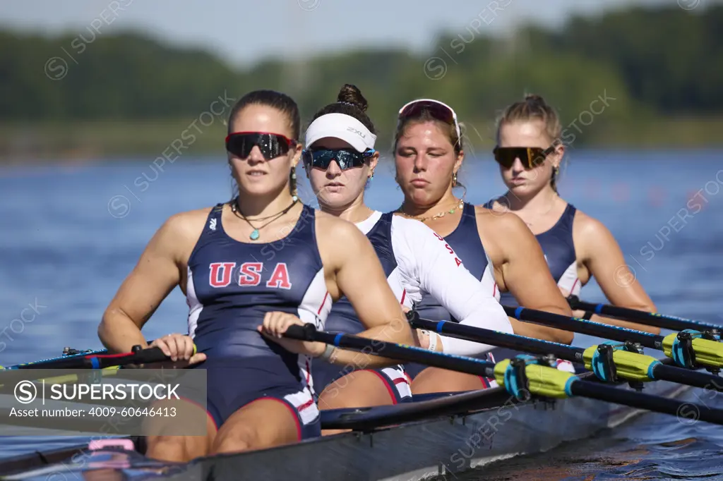 US W4X 2024 Olympic rowers, Lauren O'Connor, Teal Cohen, Emily Delleman, Grace Joyce, training at the US Women's Rowing facility in Princeton, NJ