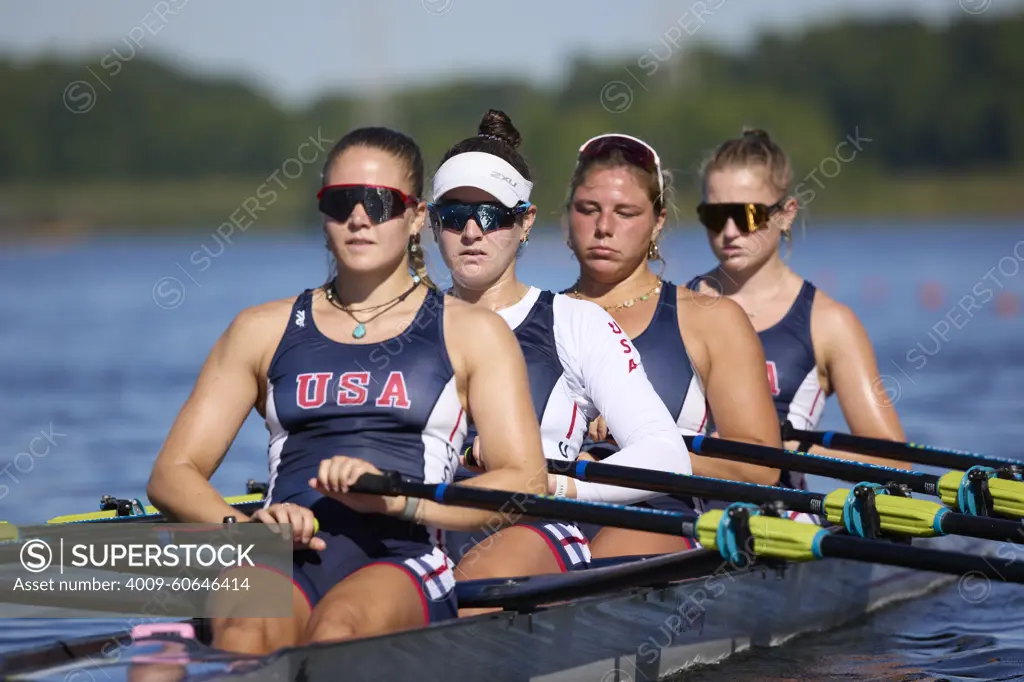 US W4X 2024 Olympic rowers, Lauren O'Connor, Teal Cohen, Emily Delleman, Grace Joyce, training at the US Women's Rowing facility in Princeton, NJ