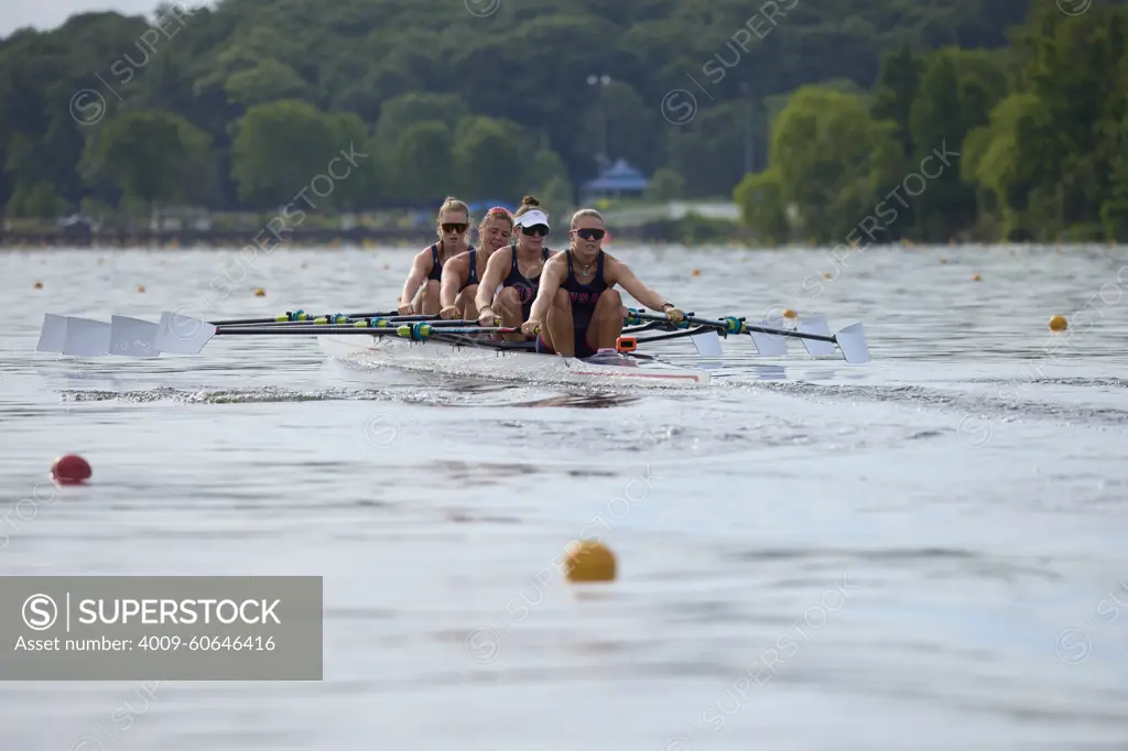 US W4X 2024 Olympic rowers, Lauren O'Connor, Teal Cohen, Emily Delleman, Grace Joyce, training at the US Women's Rowing facility in Princeton, NJ