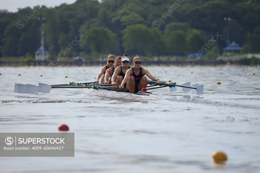 US W4X 2024 Olympic rowers, Lauren O'Connor, Teal Cohen, Emily Delleman, Grace Joyce, training at the US Women's Rowing facility in Princeton, NJ