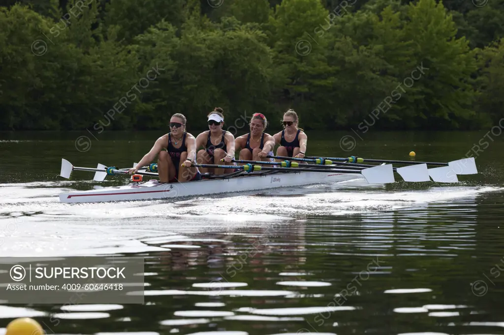 US W4X 2024 Olympic rowers, Lauren O'Connor, Teal Cohen, Emily Delleman, Grace Joyce, training at the US Women's Rowing facility in Princeton, NJ