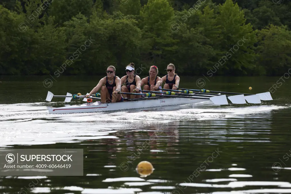 US W4X 2024 Olympic rowers, Lauren O'Connor, Teal Cohen, Emily Delleman, Grace Joyce, training at the US Women's Rowing facility in Princeton, NJ