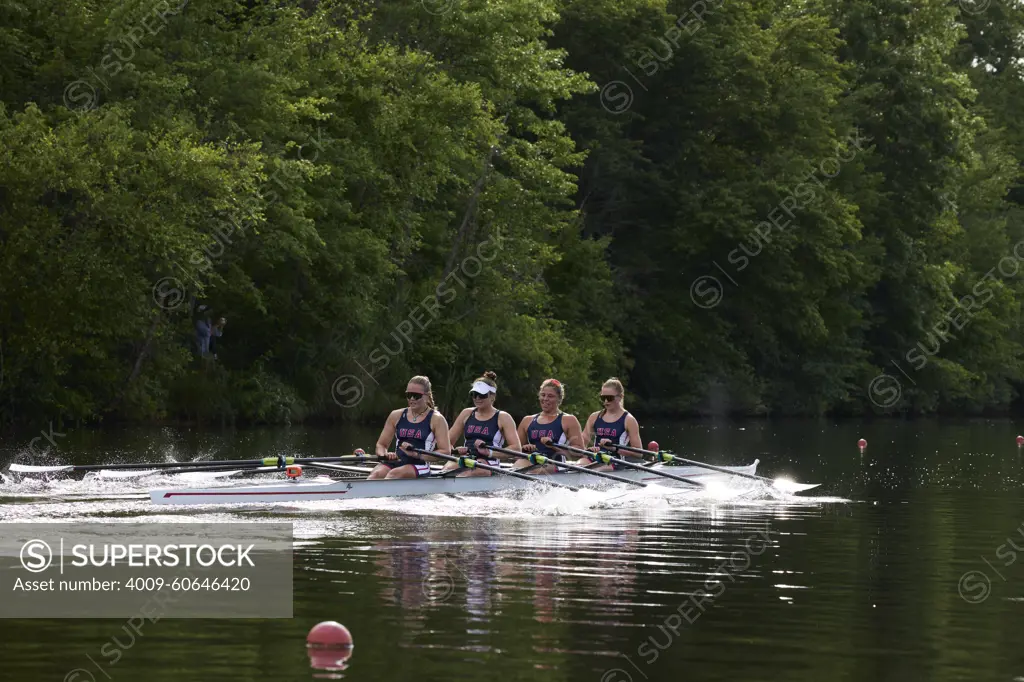 US W4X 2024 Olympic rowers, Lauren O'Connor, Teal Cohen, Emily Delleman, Grace Joyce, training at the US Women's Rowing facility in Princeton, NJ