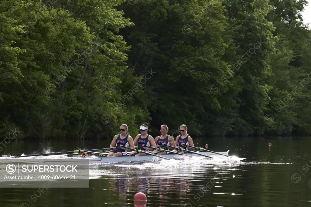 US W4X 2024 Olympic rowers, Lauren O'Connor, Teal Cohen, Emily Delleman, Grace Joyce, training at the US Women's Rowing facility in Princeton, NJ