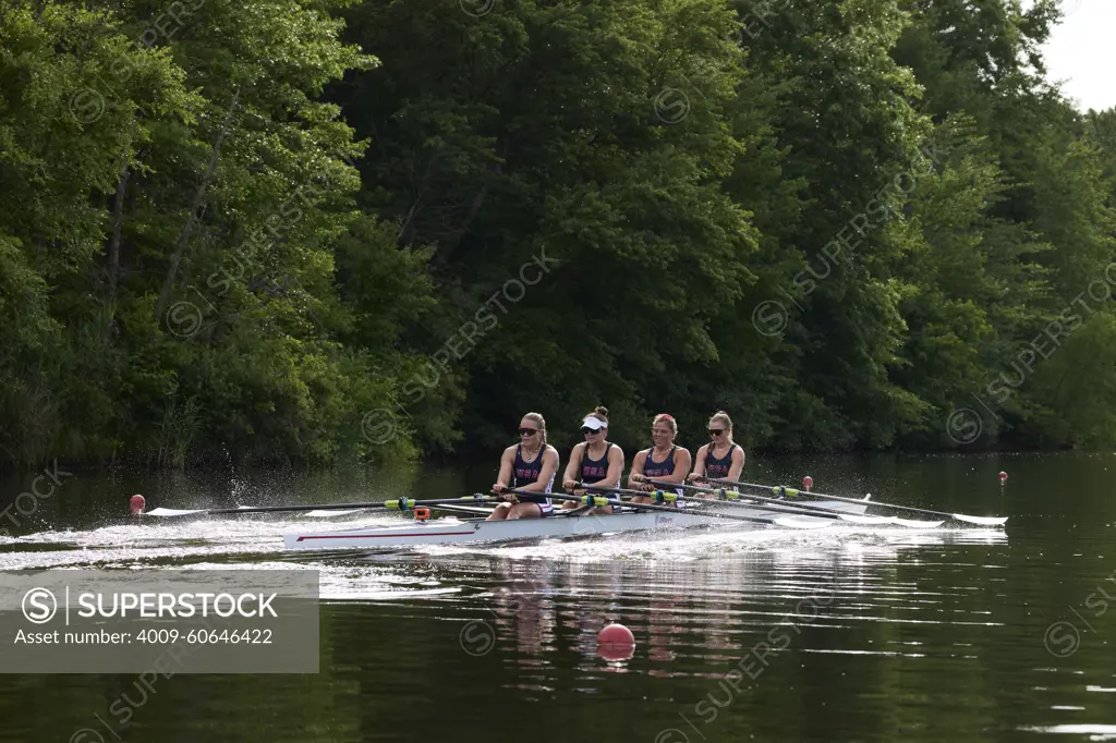 US W4X 2024 Olympic rowers, Lauren O'Connor, Teal Cohen, Emily Delleman, Grace Joyce, training at the US Women's Rowing facility in Princeton, NJ