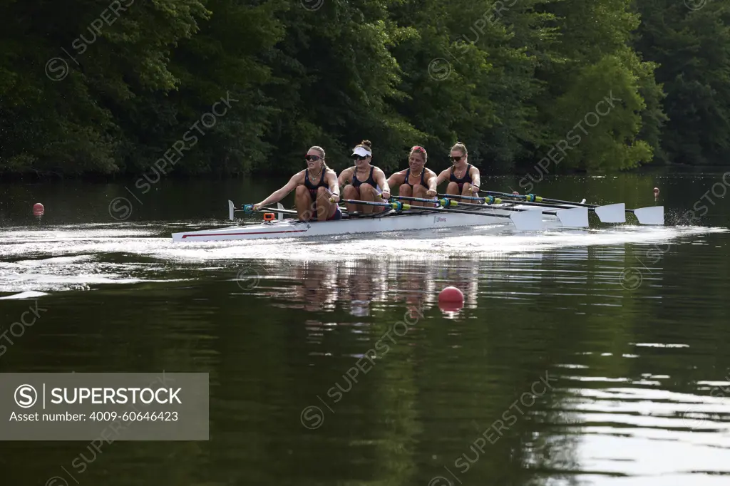 US W4X 2024 Olympic rowers, Lauren O'Connor, Teal Cohen, Emily Delleman, Grace Joyce, training at the US Women's Rowing facility in Princeton, NJ