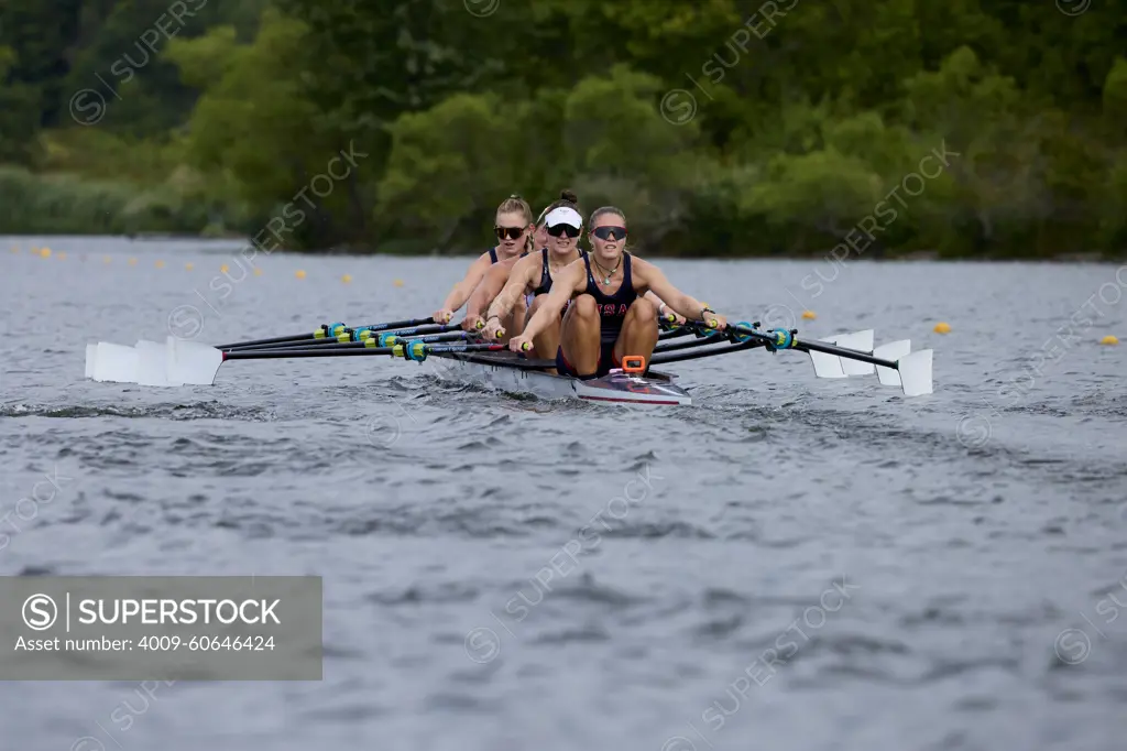 US W4X 2024 Olympic rowers, Lauren O'Connor, Teal Cohen, Emily Delleman, Grace Joyce, training at the US Women's Rowing facility in Princeton, NJ