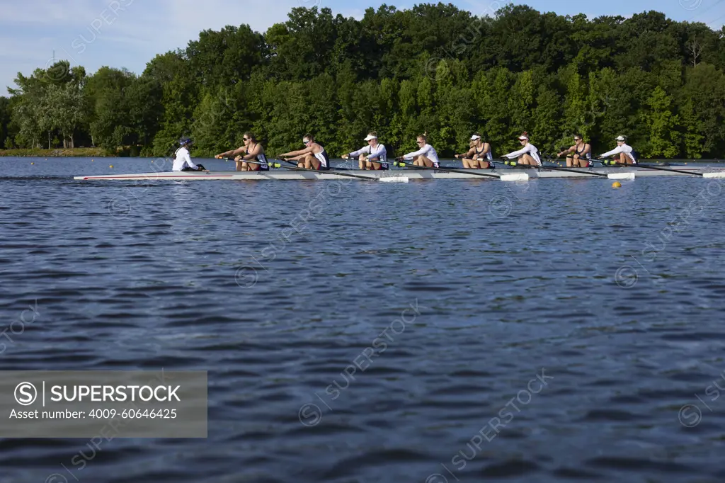 US 8+ 2024 Olympic rowers, Molly Bruggeman, Charlotte Buck, Cristina Castagna, Olivia Coffey, Claire Collins, Margaret Hedeman, Meghan Musnicki, Regina Salmons, Madeleine Wanamaker, training at the US Women's Rowing facility in Princeton, NJ