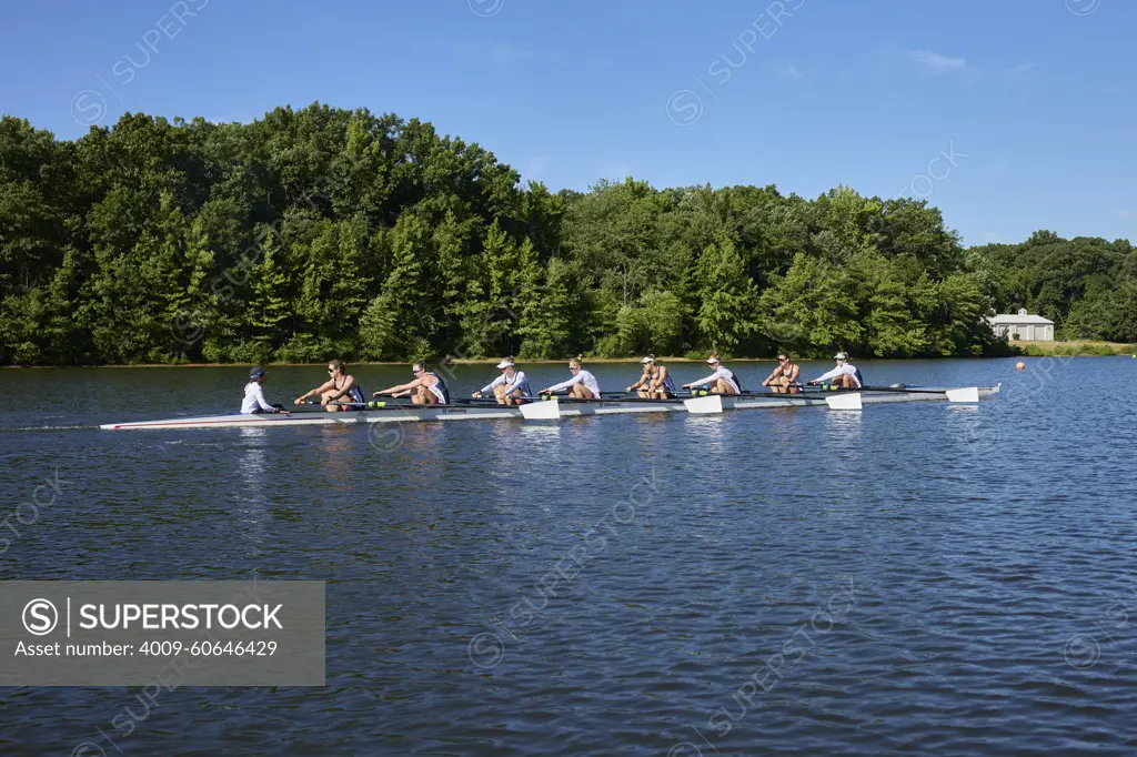 US 8+ 2024 Olympic rowers, Molly Bruggeman, Charlotte Buck, Cristina Castagna, Olivia Coffey, Claire Collins, Margaret Hedeman, Meghan Musnicki, Regina Salmons, Madeleine Wanamaker, training at the US Women's Rowing facility in Princeton, NJ