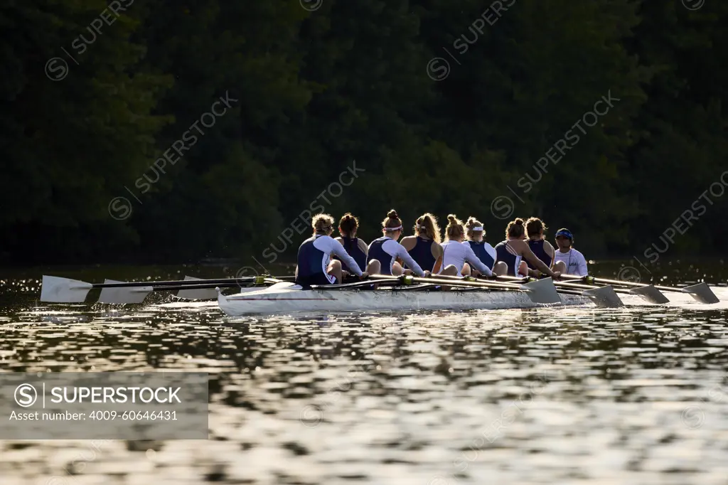 US 8+ 2024 Olympic rowers, Molly Bruggeman, Charlotte Buck, Cristina Castagna, Olivia Coffey, Claire Collins, Margaret Hedeman, Meghan Musnicki, Regina Salmons, Madeleine Wanamaker, training at the US Women's Rowing facility in Princeton, NJ