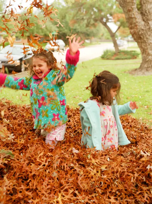 Little girls playing in the autumn leaves