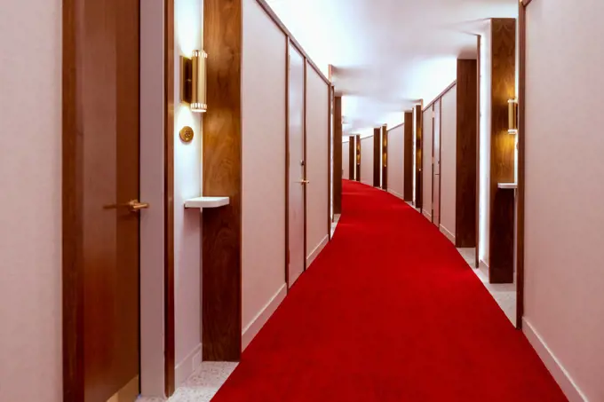 Hallway and hotel rooms at the TWA Hotel