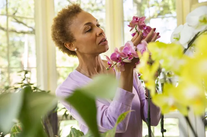 Older  woman watering orchid flowers with spray bottle on porch of home 