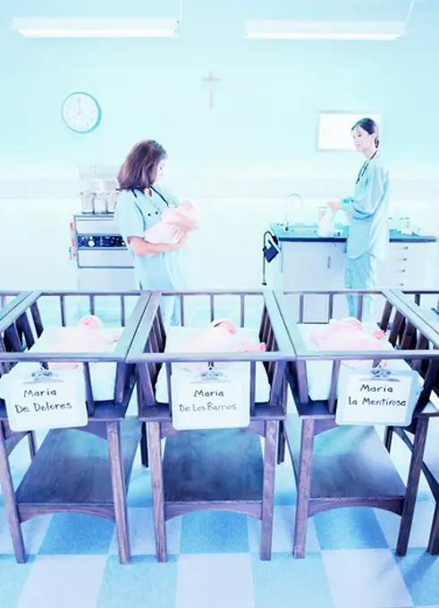 Nurses taking care of babies at the hospital maternity ward