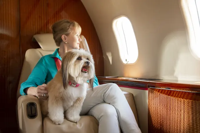 Older woman sitting in cabin smiling looking out window of private jet, petting small dog sitting in chair with her