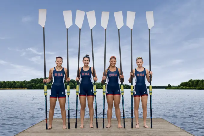 Portrait of the US W4X 2024 Olympic rowers, Grace Joyce, Teal Cohen, Emily Delleman, Lauren O'Connor, at the US Women's Rowing training facility in Princeton, NJ