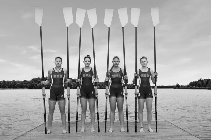 B&W Portrait of the US W4X 2024 Olympic rowers, Grace Joyce, Teal Cohen, Emily Delleman, Lauren O'Connor, at the US Women's Rowing training facility in Princeton, NJ