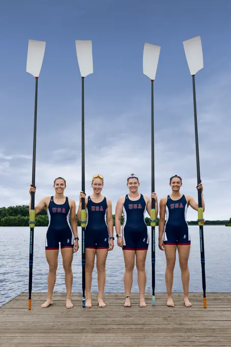 USA 2024 Olympic 4- Women's rowers on a dock at the US training center in Princeton, NJ. Emily Kallfelz, Kelsey Reelick, Mary-Mazzio-Manson, Kaitlin Knifton