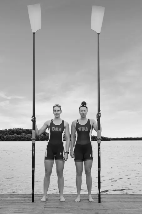 B&W Portrait of US Olympic rowers, Azja Czajkowski and Jessica Thoennes at the US Women's Rowing training facility in Princeton, NJ