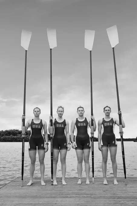 B&W USA 2024 Olympic 4- Women's rowers on a dock at the US training center in Princeton, NJ. Emily Kallfelz, Kelsey Reelick, Mary-Mazzio-Manson, Kaitlin Knifton