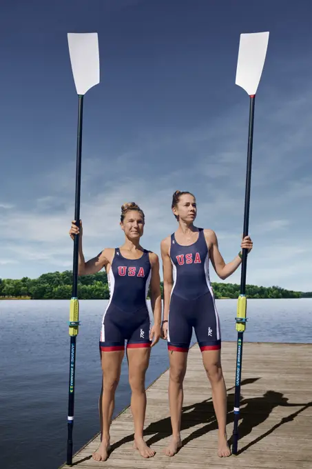 Portrait of US Olympic Women's Pair teammates, Molly Reckford and Michelle Sechser at the US Women's Rowing training facility in Princeton, NJ