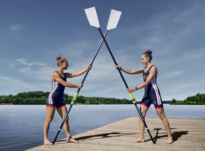 Portrait of US Olympic Women's Pair teammates, Molly Reckford and Michelle Sechser at the US Women's Rowing training facility in Princeton, NJ