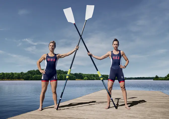 Portrait of US Olympic Women's Pair teammates, Molly Reckford and Michelle Sechser at the US Women's Rowing training facility in Princeton, NJ