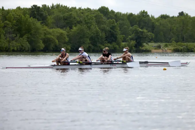 USA 2024 Olympic 4- Women's rowers train at the US Women's Rowing facility in Princeton, NJ. Kaitlin Knifton, Mary-Mazzio-Manson, Kelsey Reelick and Emily Kallfelz,