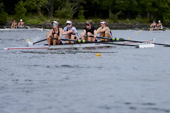 USA 2024 Olympic 4- Women's rowers train at the US Women's Rowing facility in Princeton, NJ. Kaitlin Knifton, Mary-Mazzio-Manson, Kelsey Reelick and Emily Kallfelz,