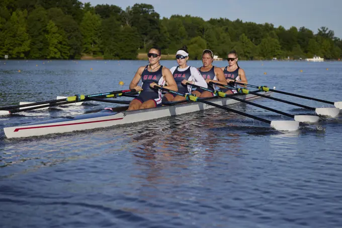 US W4X 2024 Olympic rowers, Lauren O'Connor, Teal Cohen, Emily Delleman, Grace Joyce, training at the US Women's Rowing facility in Princeton, NJ