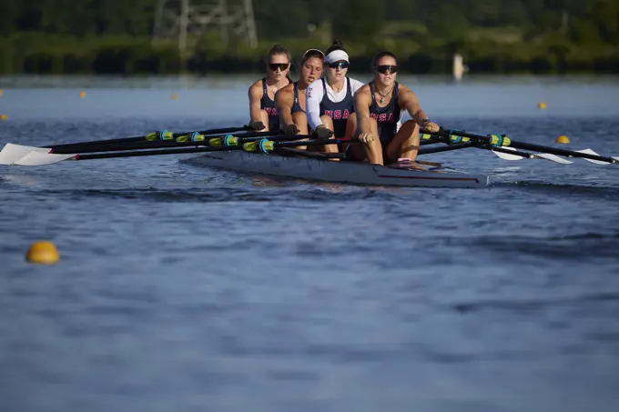 US W4X 2024 Olympic rowers, Lauren O'Connor, Teal Cohen, Emily Delleman, Grace Joyce, training at the US Women's Rowing facility in Princeton, NJ