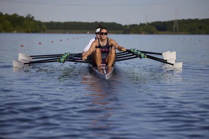 US W4X 2024 Olympic rowers, Lauren O'Connor, Teal Cohen, Emily Delleman, Grace Joyce, training at the US Women's Rowing facility in Princeton, NJ