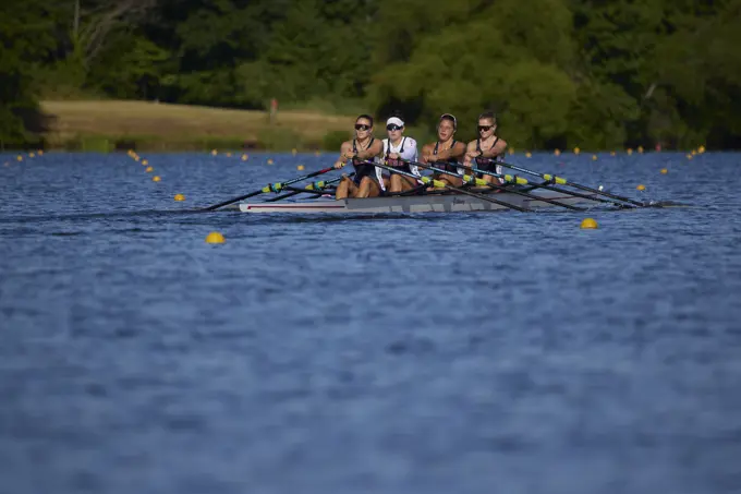 US W4X 2024 Olympic rowers, Lauren O'Connor, Teal Cohen, Emily Delleman, Grace Joyce, training at the US Women's Rowing facility in Princeton, NJ