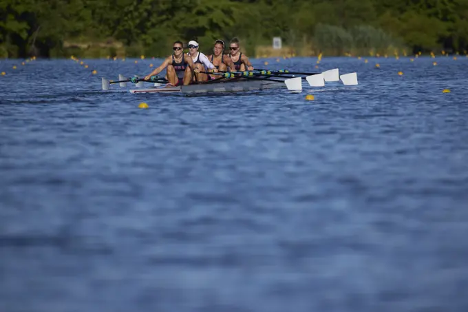 US W4X 2024 Olympic rowers, Lauren O'Connor, Teal Cohen, Emily Delleman, Grace Joyce, training at the US Women's Rowing facility in Princeton, NJ