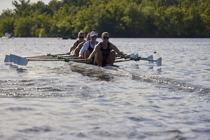 US W4X 2024 Olympic rowers, Lauren O'Connor, Teal Cohen, Emily Delleman, Grace Joyce, training at the US Women's Rowing facility in Princeton, NJ