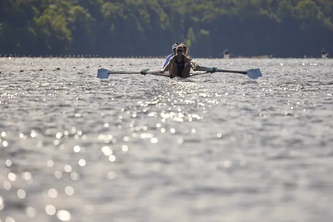 US W4X 2024 Olympic rowers, Lauren O'Connor, Teal Cohen, Emily Delleman, Grace Joyce, training at the US Women's Rowing facility in Princeton, NJ