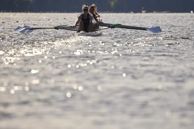 US W4X 2024 Olympic rowers, Lauren O'Connor, Teal Cohen, Emily Delleman, Grace Joyce, training at the US Women's Rowing facility in Princeton, NJ