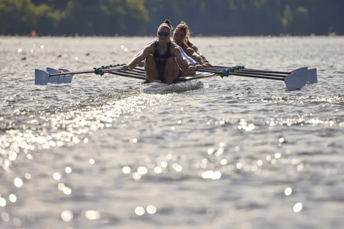 US W4X 2024 Olympic rowers, Lauren O'Connor, Teal Cohen, Emily Delleman, Grace Joyce, training at the US Women's Rowing facility in Princeton, NJ