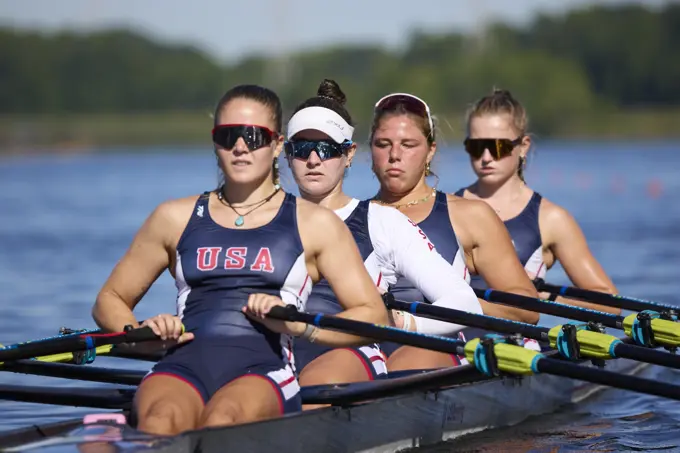 US W4X 2024 Olympic rowers, Lauren O'Connor, Teal Cohen, Emily Delleman, Grace Joyce, training at the US Women's Rowing facility in Princeton, NJ