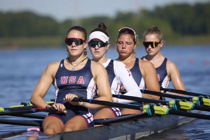 US W4X 2024 Olympic rowers, Lauren O'Connor, Teal Cohen, Emily Delleman, Grace Joyce, training at the US Women's Rowing facility in Princeton, NJ