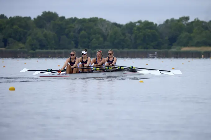 US W4X 2024 Olympic rowers, Lauren O'Connor, Teal Cohen, Emily Delleman, Grace Joyce, training at the US Women's Rowing facility in Princeton, NJ